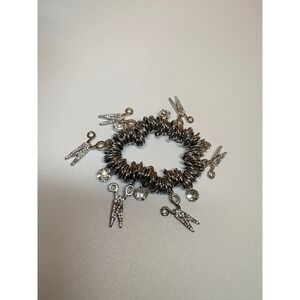 Silver Coil Stretch Bracelet Rhinestone Scissor & Crystal Charms Stylist